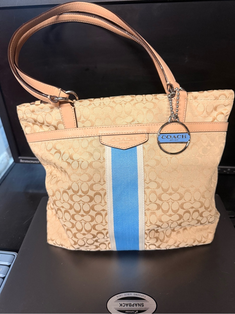 Coach Beige Signature Tote with Light Blue Center Stripe